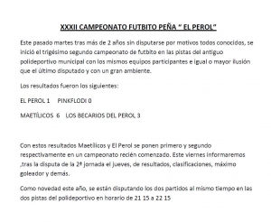 RESULTADOS PRIMERA JORNADA CAMPEONATO FUTBITO PEÑA EL PEROL