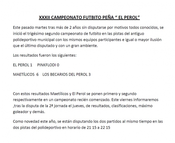 RESULTADOS PRIMERA JORNADA CAMPEONATO FUTBITO PEÑA EL PEROL